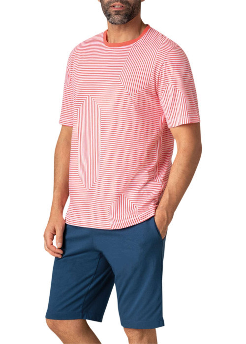 Pyjama court en coton rouge rayé à coupe fermée un col rond et made in France