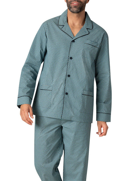 Pyjama long en coton vert à pois avec une coupe ouverte et un col cranté