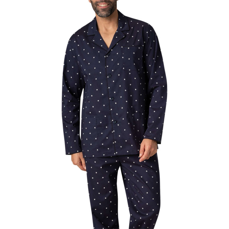 Eminence - Pyjama Long En Coton Marine à Pois Avec Une Coupe Ouverte Et Un Col Cranté - Marine