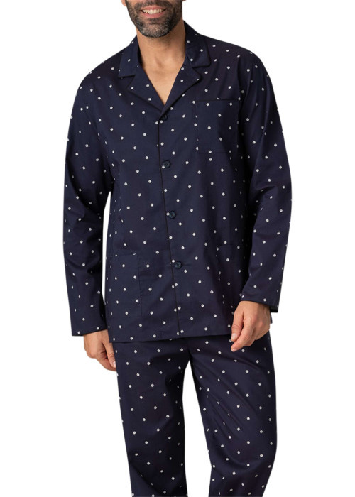 Pyjama long en coton marine à pois avec une coupe ouverte et un col cranté