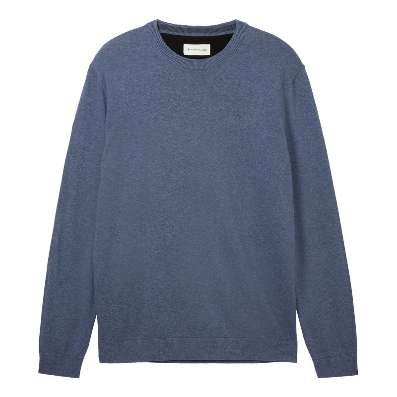 Tom Tailor - Pull En Coton Indigo Uni Coupe Droite Avec Un Col Rond En Bord Côte - Indigo