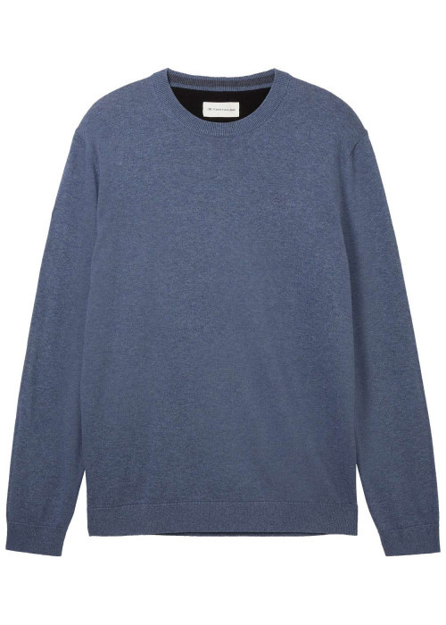 Pull en coton indigo uni coupe droite avec un col rond en bord côte