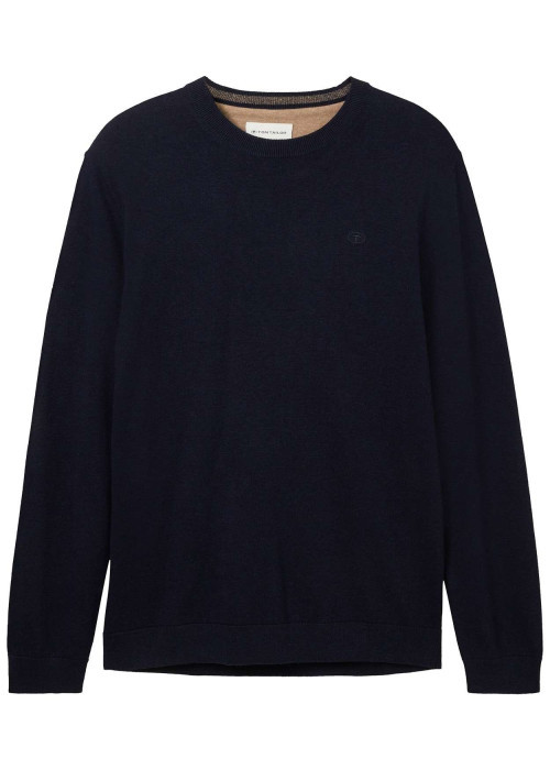 Pull en coton marine uni avec une coupe droite et un col rond