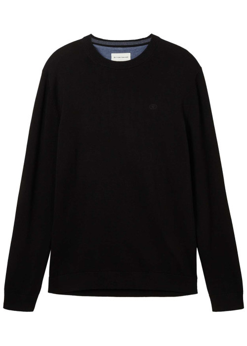 Pull en coton noir uni coupe droite avec un col rond et logo bordé poitrine