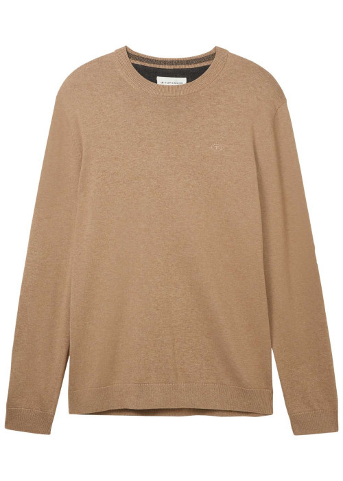 Pull en coton beige uni coupe droite avec un col rond et logo poitrine