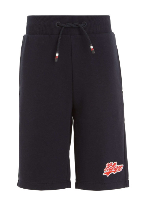 Short en coton mélangé marine uni avec une coupe droite et poches latérales