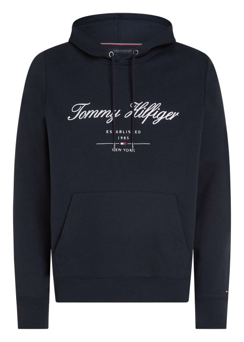 Sweat marine uni coupe droite avec un col à capuche et poche kangourou
