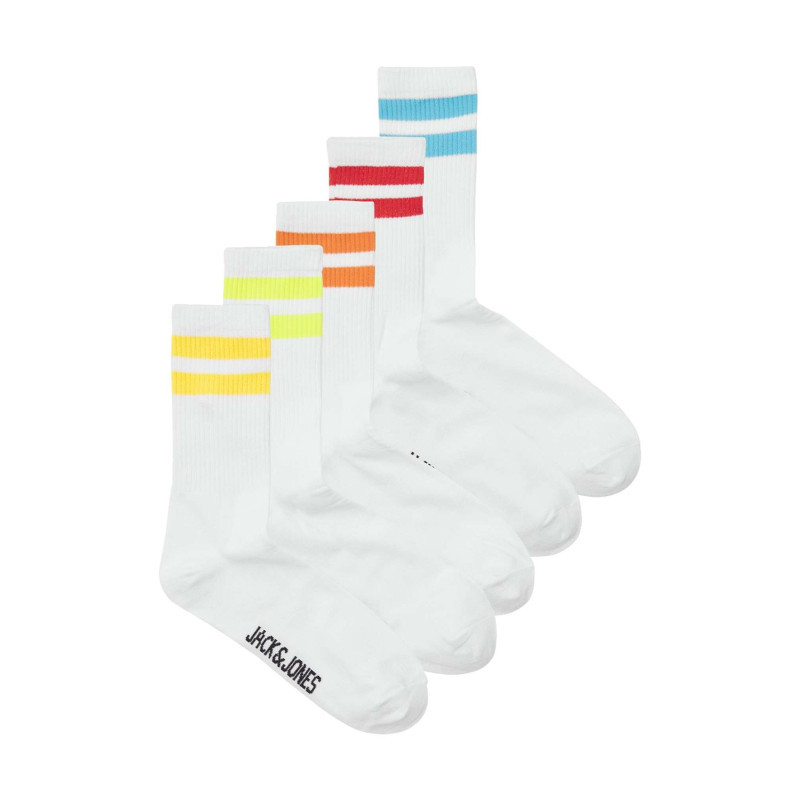 Jack & Jones - Lot De 5 Paires De Chaussettes Hautes Blanches Unies Avec Rayures Colorées - Blanches Jack & Jones - Lot De 5 Paires De Chaussettes Hautes Blanches Unies Avec Rayures Colorées - Blanches