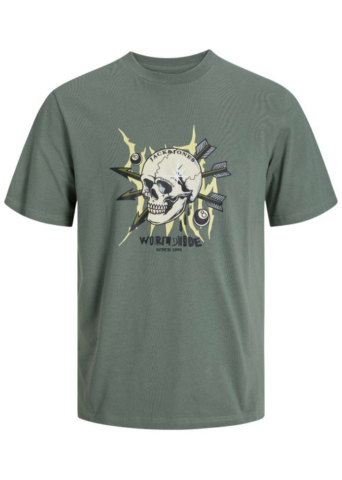 T-shirt en coton kaki uni coupe droite avec un col rond et flocage crâne
