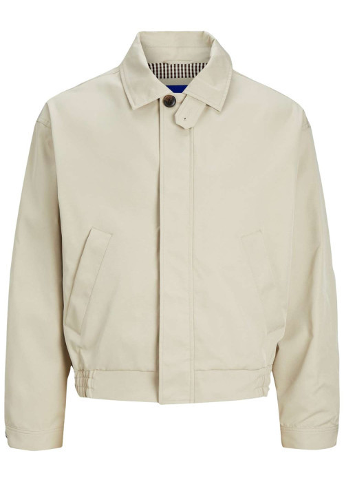 Blouson beige uni coupe droite avec un col français et bouton au col