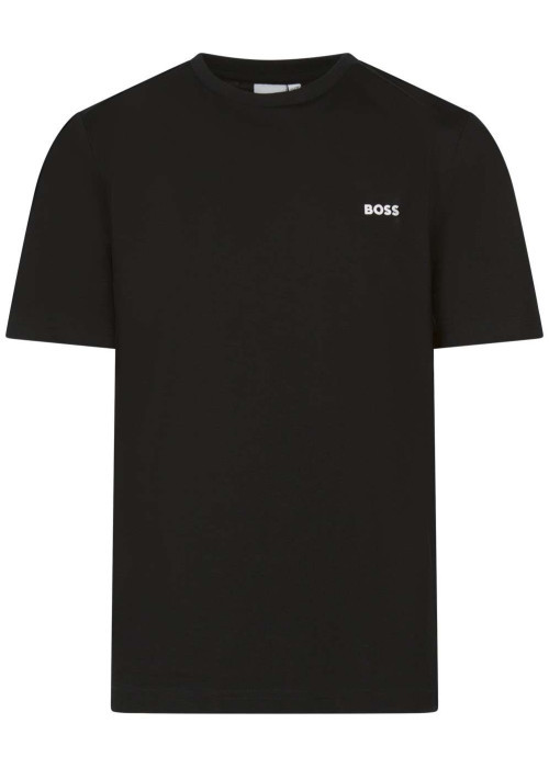 T-shirt noir uni avec une coupe droite à col rond et nom iconique