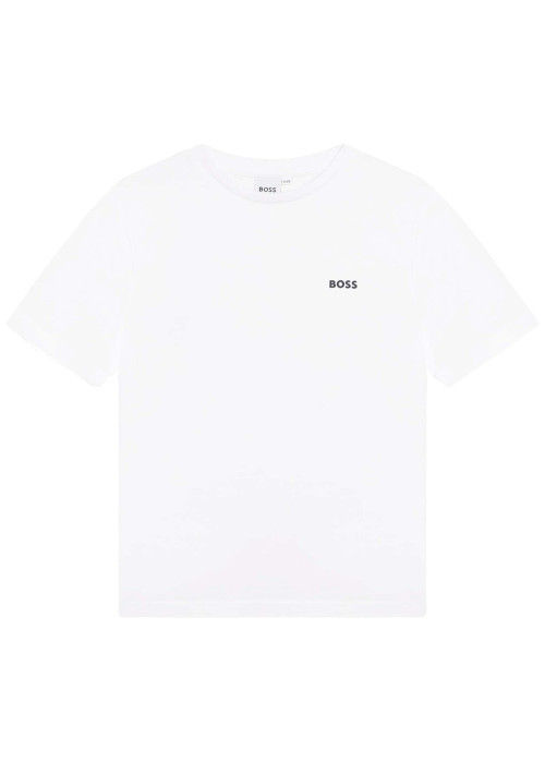 T-shirt blanc uni avec une coupe droite à col rond et logo iconique