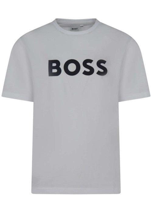 T-shirt blanc uni avec une coupe droite à col rond et nom de la marque