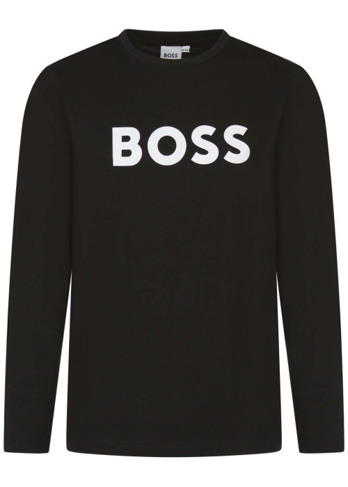 T-shirt noir uni avec une coupe droite à col rond et nom iconique