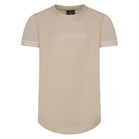 T-shirt beige uni avec une coupe droite à col...