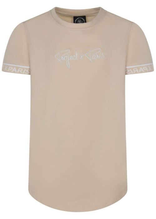 T-shirt beige uni avec une coupe droite à col rond et liseré
