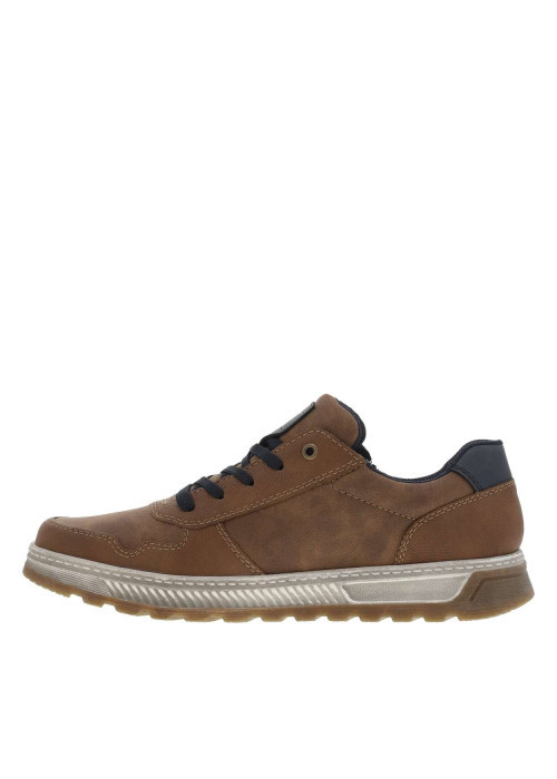 Sneakers cognac à semelle plate beige et à lacets plats bleu marine