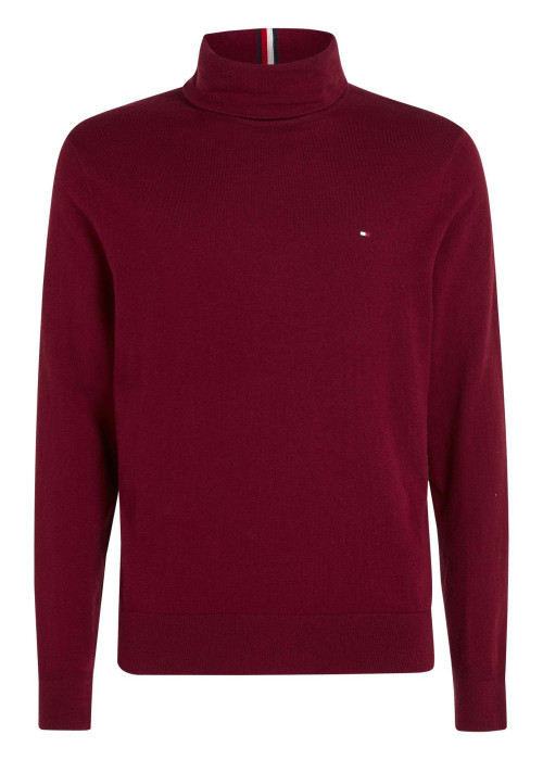 Pull en coton biologique mélangé bordeaux en maille jersey à coupe droite et col roulé