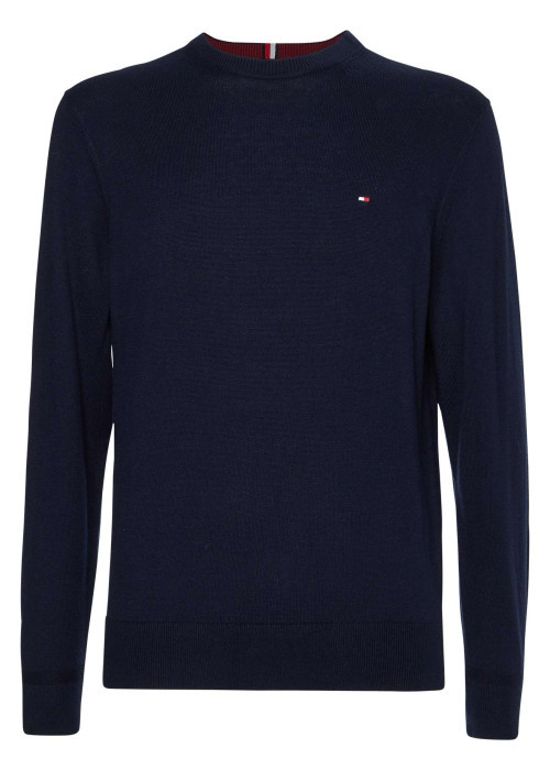 Pull marine uni avec une coupe droite et un col rond en bord côte