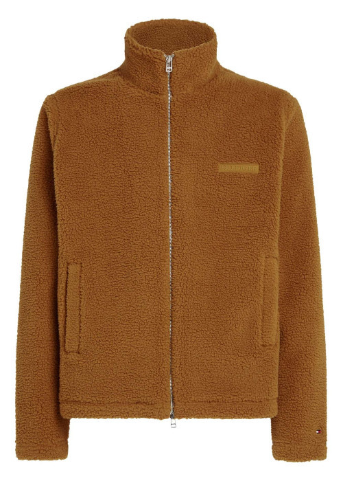 Sweat polaire zippé camel uni avec une coupe droite et un col montant