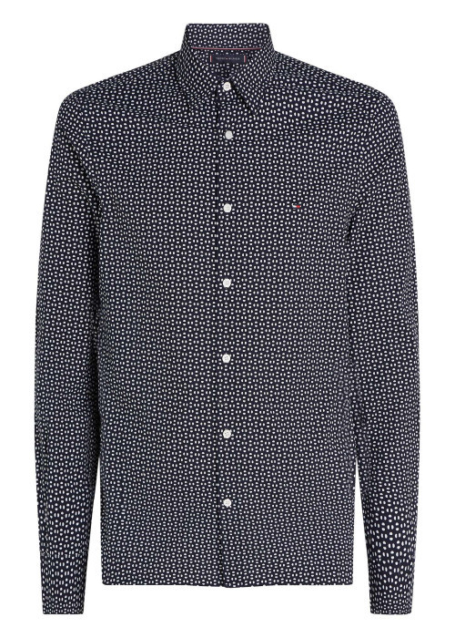Chemise en coton marine à petits pois avec une coupe ajustée et un col français