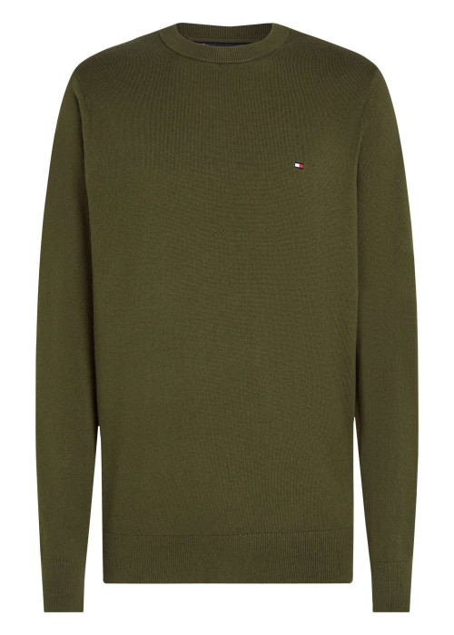 Pull en coton kaki uni avec une coupe droite un col rond et un logo brodé