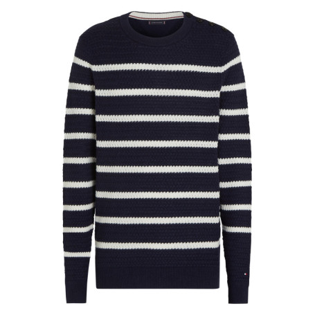 Pull en laine marine à rayures blanches avec...