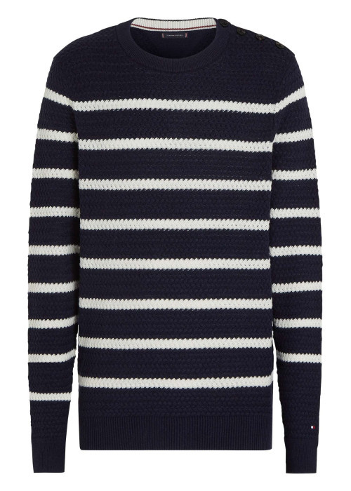 Pull en laine marine à rayures blanches avec une coupe droite et un col rond
