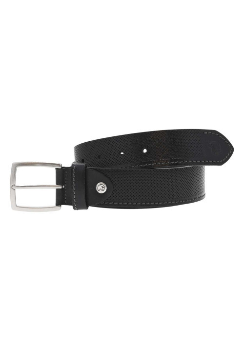 Ceinture en cuir noire unie avec des petits trous et nom de la marque