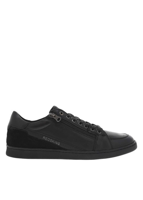 Sneakers en cuir noires plates avec fermeture zippée et lacets plats enduits