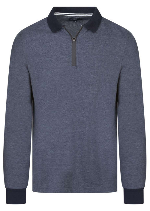 Polo indigo maille piquée avec un col zippé et à manches longues