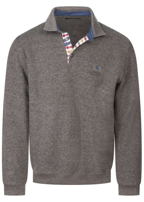 Sweat taupe uni avec une coupe droite, des coudières et un col boutonné