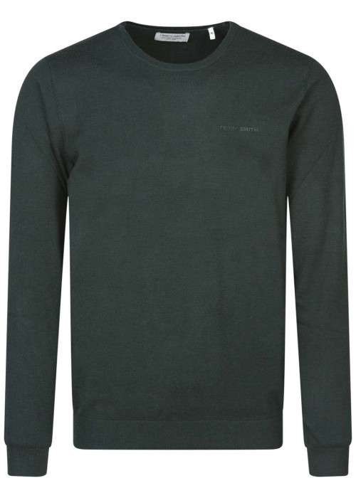 Pull vert uni avec une coupe droite et un col rond au nom de la marque