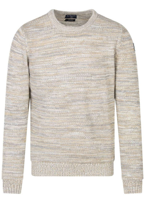 Pull beige chiné avec une coupe droite à col rond et à manches longues