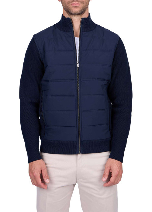 Gilet en coton biologique indigo uni avec un col montant et une coupe droite
