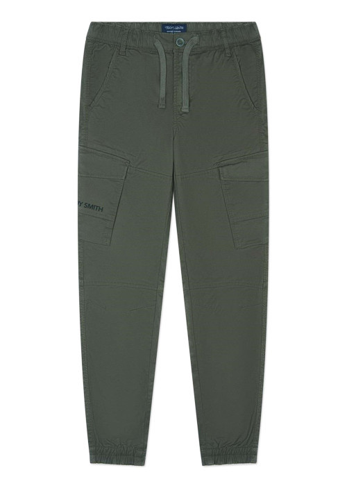 Pantalon en coton kaki uni avec une coupe droite et une taille élastiquée