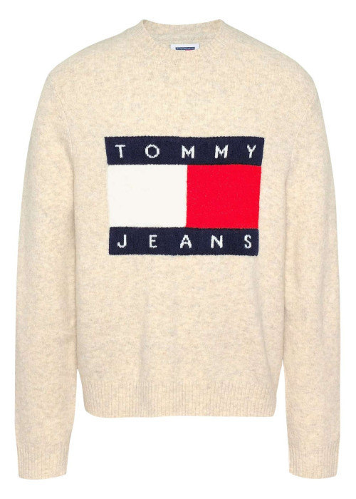 Pull beige chiné avec logo central à coupe droite, col rond et à manches longues