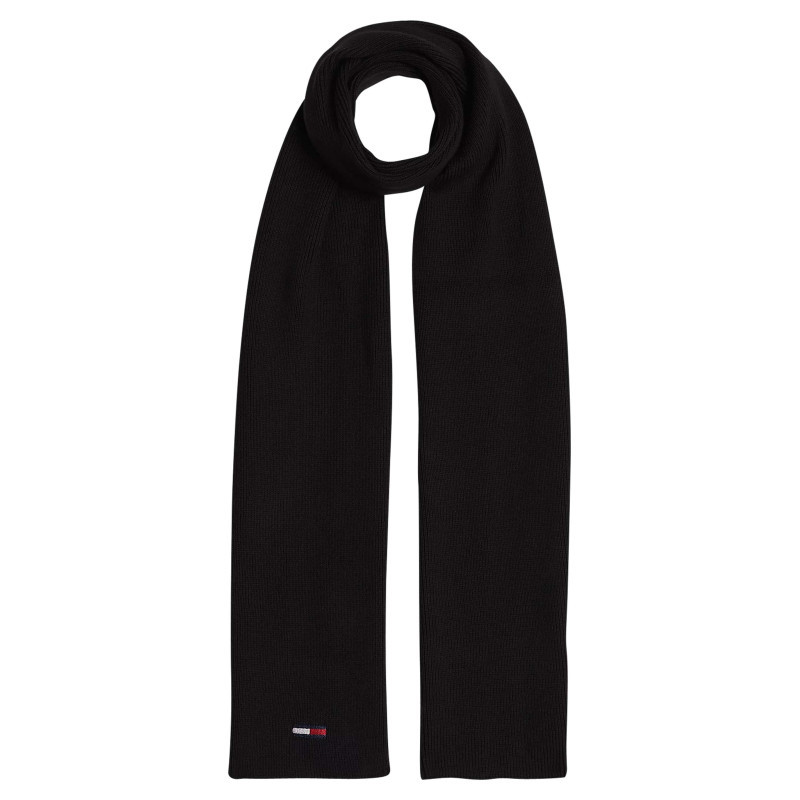Tommy Jeans - Echarpe En Coton Noir Unie Côtelée Avec Logo Brodé Sur Une Extrémité - Noir