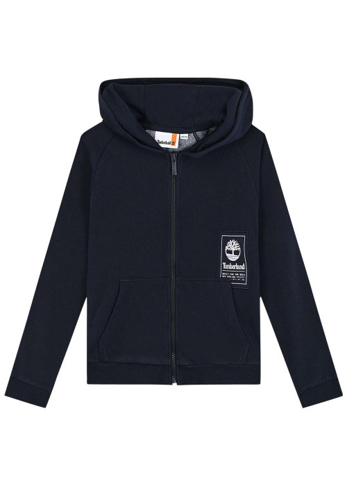 Sweat à capuche zippé en coton mélangé marine uni avec coupe droite