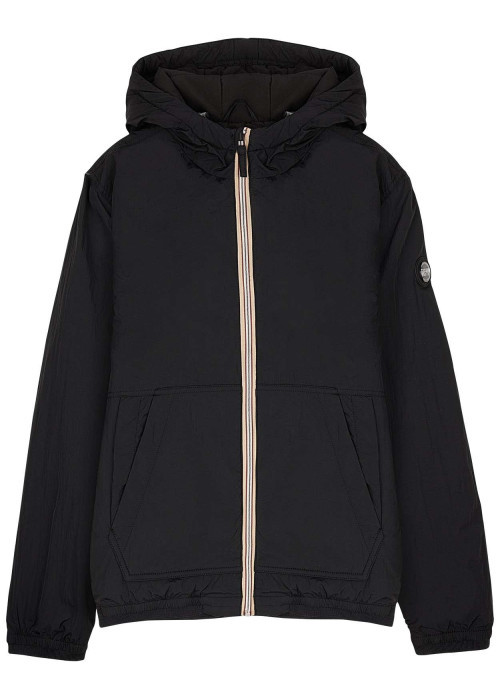 Blouson déperlant noir avec col à capuche, zip tricolore et logo de la marque