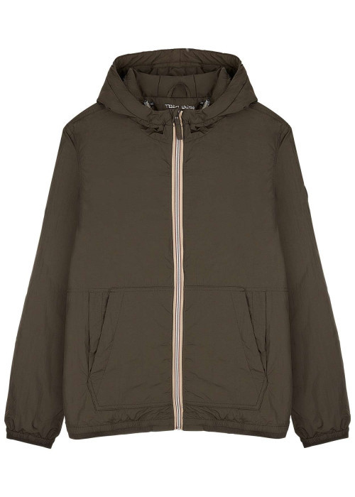 Blouson déperlant kaki avec zip tricolore, col à capuche et 4 poches