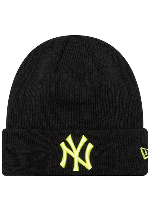 Bonnet noir uni avec de la broderie jaune fluo à l'avant sur le revers