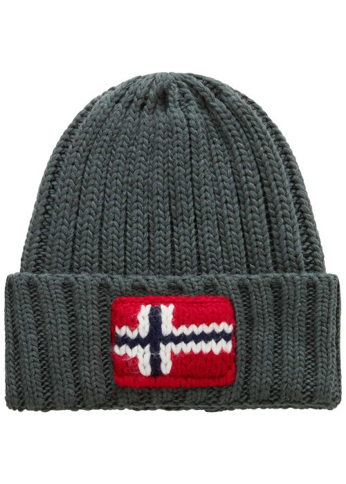 Bonnet vert en maille côtelée avec revers haut et drapeau norvégien