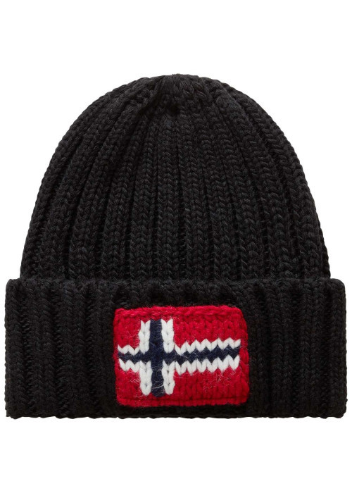 Bonnet noir en maille côtelée avec drapeau norvégien et revers haut
