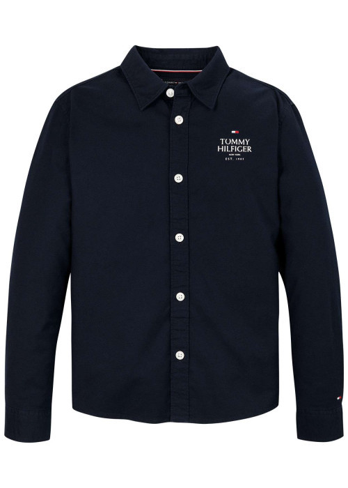 Chemise en coton en transition marine unie ajustée à col français et boutons