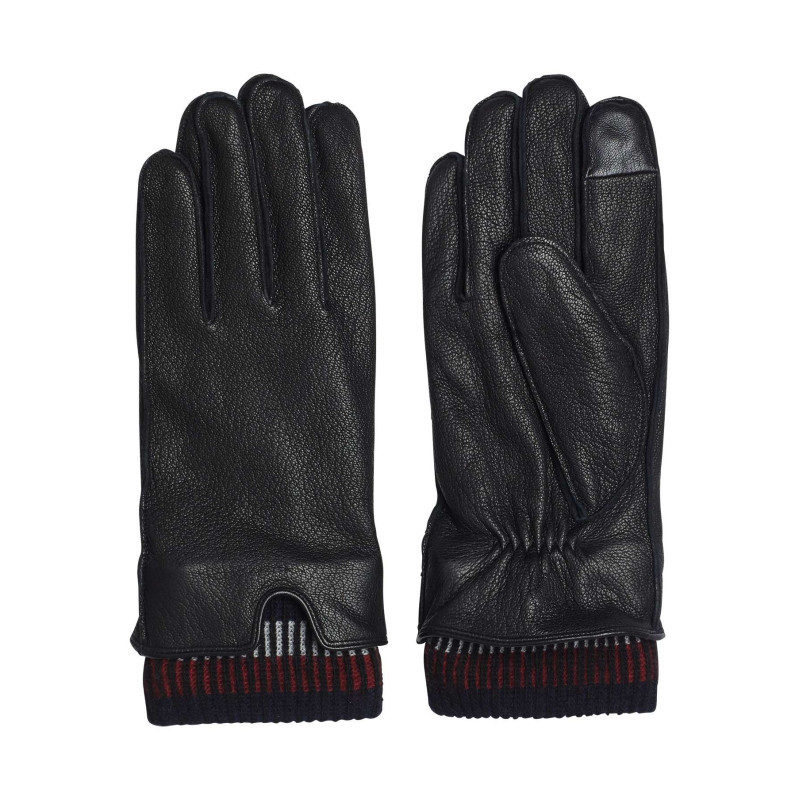 Tommy Hilfiger - Gants En Cuir Noirs Unis Avec Poignets En Laine Aux Couleurs De La Marque - Noirs Tommy Hilfiger - Gants En Cuir Noirs Unis Avec Poignets En Laine Aux Couleurs De La Marque - Noirs