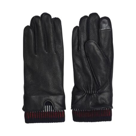 Gants en cuir noirs unis avec poignets en laine...