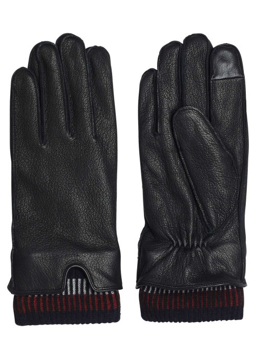 Gants en cuir noirs unis avec poignets en laine aux couleurs de la marque