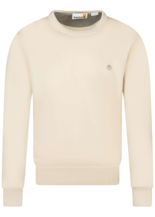 Pull en coton écru maille piquée avec un col rond et le logo brodé à la poitrine