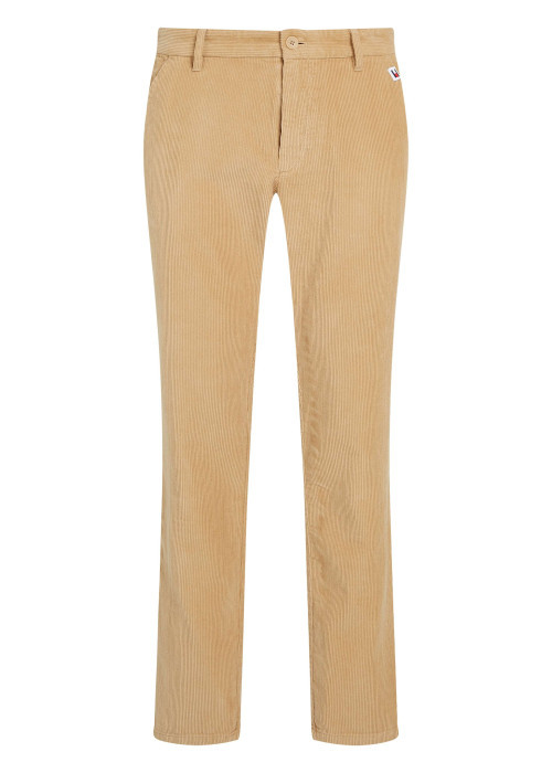 Chino en coton mélangé camel uni en velours côtelé avec une coupe slim